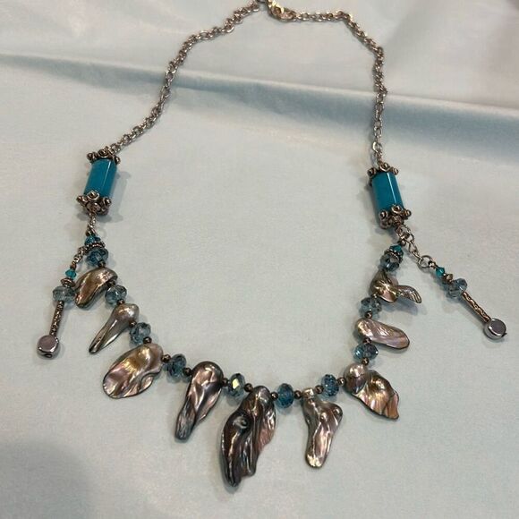 #2 Faux abalone, on a 24”  silver tone chain, with aqua faceted beads. - Picture 3 of 5